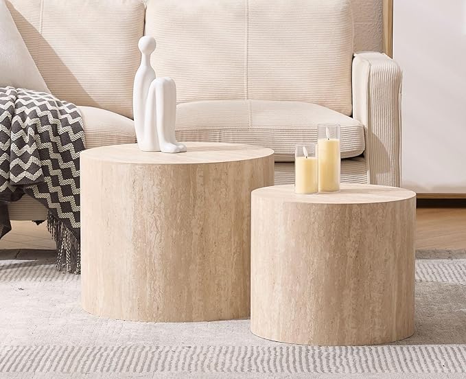 CIMOTA Round Wood Nesting Coffee Table Set of 2, Modern Circle Travertine End Side Table Sets for Living Room, Light Wooden Color/No Assembling-Ruum Studio Home