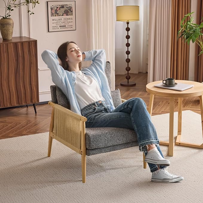VINGLI Boho Braid Accent Armchair,Mid-Century Modern Chiar with Solid Wooden Armrest,Comfy Louge Cushion Chair with Waist Pillow for Bedroom,Living Room,Reading Room, Gray-Ruum Studio Home