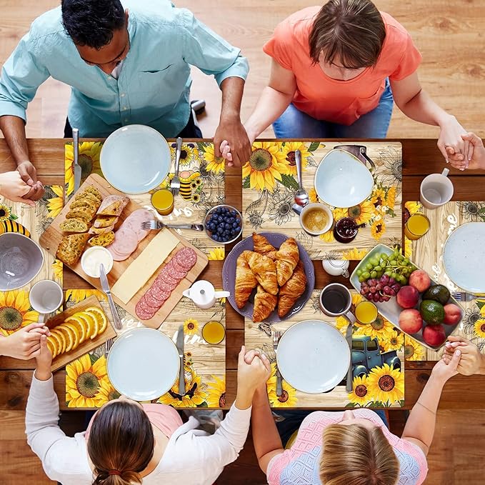 Sunflower Placemats Set of 6 Sunshine Plastic Table Mats Vintage Sunflower Theme Place Mats Summer Holiday Washable Table Placemats for Indoor Outdoor Party Kitchen Dining-Ruum Studio Home