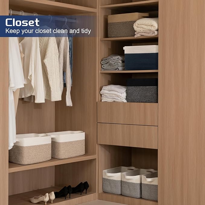 Storage Basket for Organizing, Woven Baskets for Storage, Rectangle Decorative Baskets for Shleves, Closet, Toys, Books, Nursery Organizer Bins - Pack of 3 (Blue & Black)-Ruum Studio Home