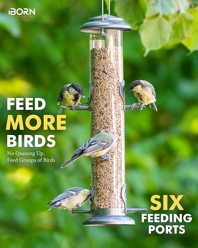 iBorn Metal Bird Feeder Hanging Wild Bird Seed Feeder for Mix Seed Blends Heavy Duty All Metal Silver Finish,14 Inch 6 Port(Seed is not Included)-Ruum Studio Home
