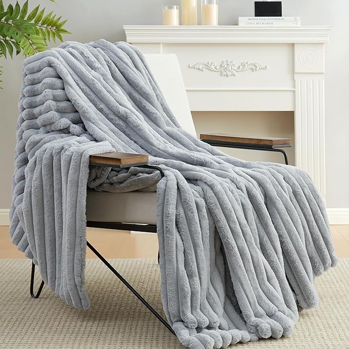 Amélie Home Faux Fur Throw Blanket for Couch, Cozy Fuzzy Fluffy Fur Luxurious Soft Striped Plush Gift Blankets for Family Sofa Chair Bed Living Room Bedroom, 55"x70", Light Grey-Ruum Studio Home