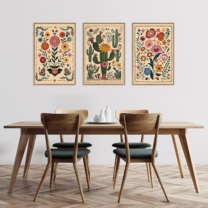 HLNIUC Vintage Flower Framed Canvas Wall Art,Colorful Desert Cactus Flower Wall Decor Set of 3(16”x24”)Boho Botanical Floral Butterfly Wall Painting,Large Desert Plant Art Print for Living Room,Office-Ruum Studio Home