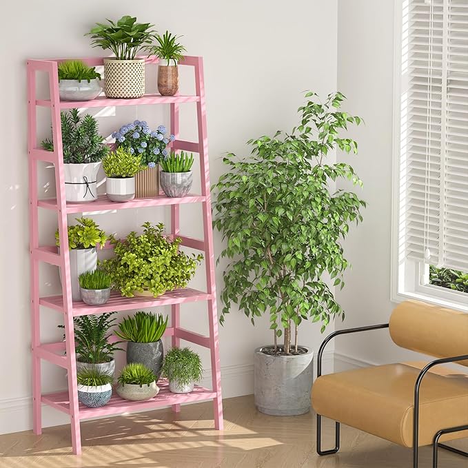 Homykic Bamboo Ladder Bookshelf, 4-Tier Ladder Shelf Open Book Shelf Freestanding Bookcase Bathroom Storage Rack Plant Stand for Living Room, Bedroom, Office, Easy Assembly, Pink-Ruum Studio Home