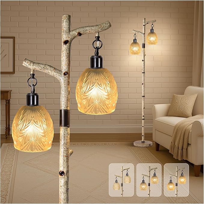 Scenekoy Retro 68.5” Tall Floor Lamp With Carving Shade, Farmhouse Resin Standing Lamp & Faux Birch Tree Finish, Dimmable Corner Lamp Stand Up Light with Bulb Prefer for Living Room Bedroom Home Decor-Ruum Studio Home