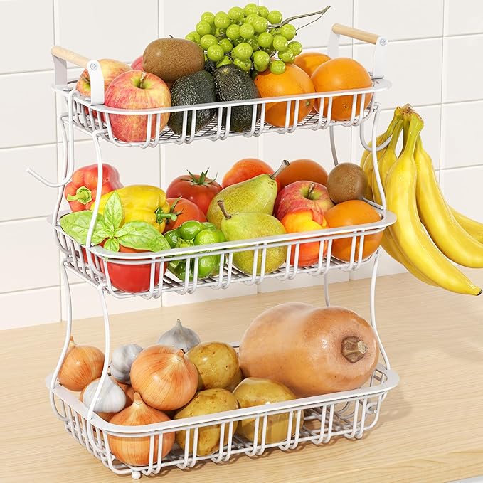 3 Tier Fruit Basket with 2 Banana Hooks, Large Capacity Multifunctional Detachable Sturdy Fruit Bowl with Wooden Handle Mesh Top for Kitchen Counter, for Bread Snacks Vegetables Produce, White-Ruum Studio Home