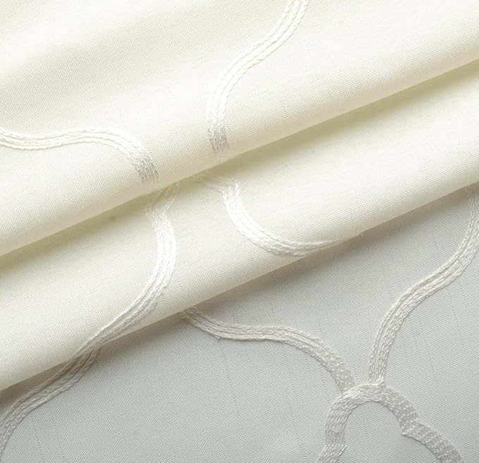 MIUCO Moroccan Embroidery Semi Sheer Curtains Faux Linen Grommet Curtains for Bedroom 52 x 63 Inch 2 Panels, Off White-Ruum Studio Home