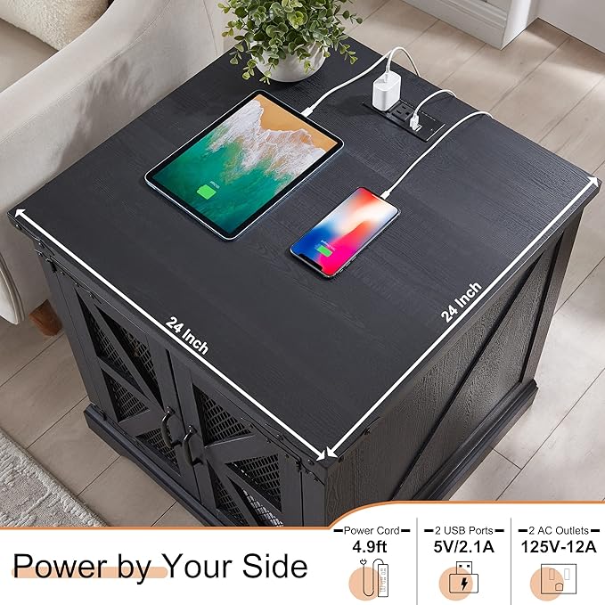 JXQTLINGMU Farmhouse End Table, 24" Large Sofa Side Table with Charging Station, Mesh Barn Door, and Adjustable Storage Shelf, Rustic Wood Square Nightstand for Living Room, Bedroom, Office, Black-Ruum Studio Home