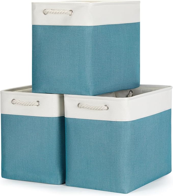 Bidtakay Extra Large Storage Baskets for Shelves 3 Pack Fabric Storage Bins for Organizing Linen Collapsible Organizer for Closet-White&Teal-Ruum Studio Home
