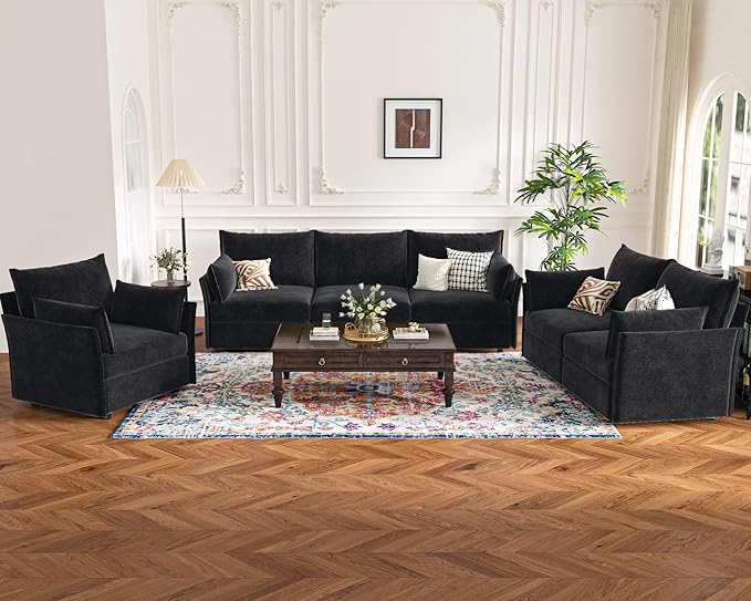 102.6" Modular Sectional Sofa, Oversized 3-Seater Couch with Removable Black Chenille Fabric Cover, Deep Seat & High Backrest for Living Room, Office & Apartment-Ruum Studio Home