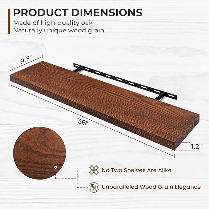 Fun Memories Solid Oak Wood Floating Shelves, 9.3 Inch Deep Natural Wood Shelf with Invisible Heavy Duty Bracket for Bathroom Bedroom Kitchen - 36inch Set of 2, Walnut-Ruum Studio Home
