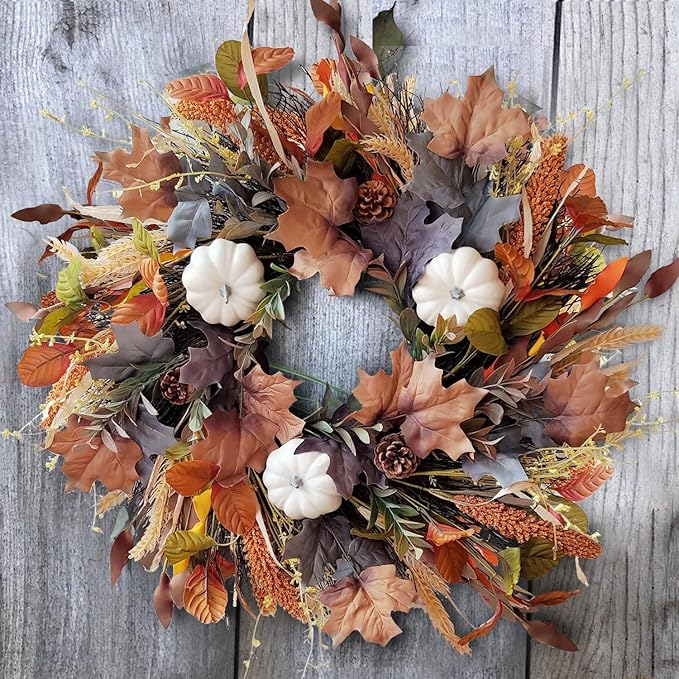 WANNA-CUL 24 Inch Fall Wreath for Front Door with White Pumpkins,Grains, Maple Leaves-Fall Decoration for Home-Large Fall Decor Door Wreath for Autumn,Harvest or Halloween-Ruum Studio Home