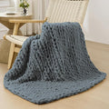 Bigacogo Chunky Knit Throw Blanket for Couch, 40x40 inches, 100% Hand Knitted with Thick Jumbo Chenille Yarn, Cozy Soft Large Rope Knot Cable Crochet Blankets for Sofa Bed Living Room, Iron Gray-Ruum Studio Home