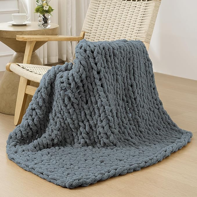 Bigacogo Chunky Knit Throw Blanket for Couch, 40x40 inches, 100% Hand Knitted with Thick Jumbo Chenille Yarn, Cozy Soft Large Rope Knot Cable Crochet Blankets for Sofa Bed Living Room, Iron Gray-Ruum Studio Home