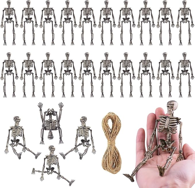 24 Pcs mini skeleton halloween decoration With hemp rope，6”small plastic posable halloween tiny skeleton figurines decor for Halloween Indoor Outdoor Graveyard Decor Haunted House Party Favors-Ruum Studio Home