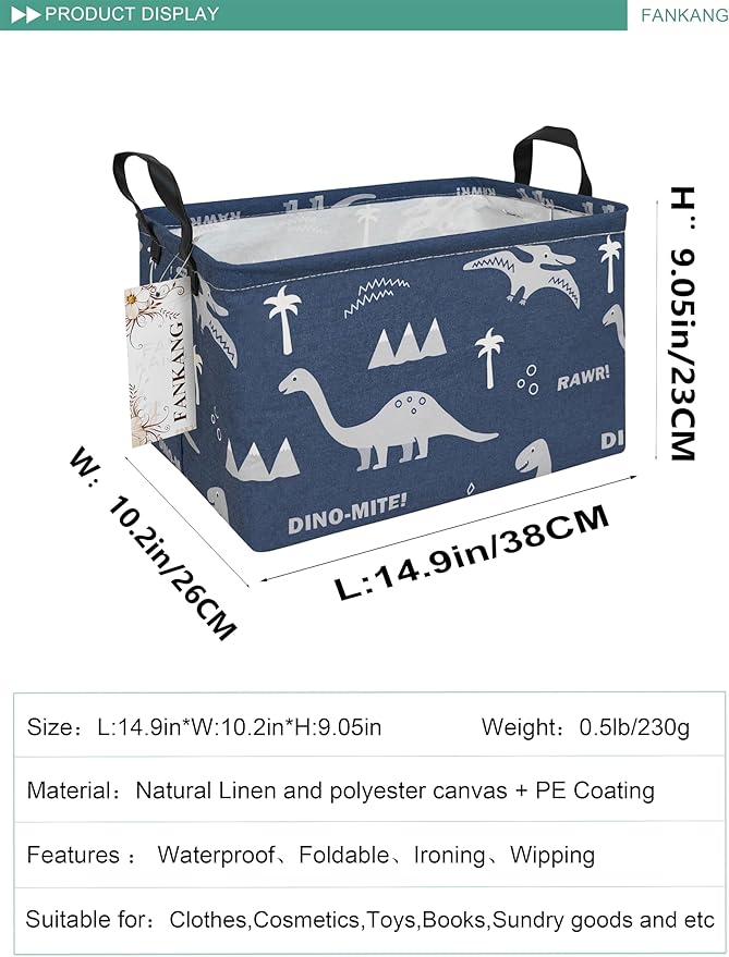 FANKANG Storage Bins, Nursery Hamper Canvas Laundry Basket Foldable with Waterproof PE Coating Large Storage Baskets for Kids Boys and Girls, Office, Bedroom, Clothes,Toys(Rec-Blue dinosaur-Ruum Studio Home