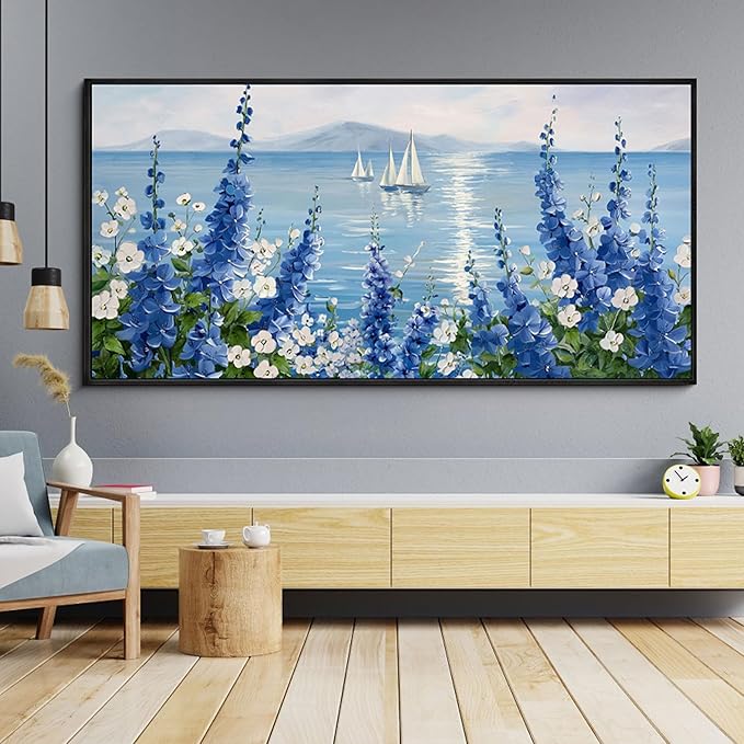 XLSJERST Large Sailboat Wall Art - Blue Canvas Abstract Painting Textured Picture Artwork Vintage Nautical Flower Painting Coastal Modern Print 29"x58" Frame for Living Room Bedroom Home Decoration-Ruum Studio Home