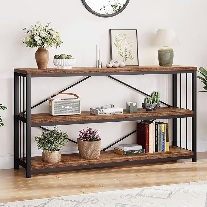 LVB Industrial Console Entryway Table, Metal Wood Rustic Sofa Table with Storage, Farmhouse 3 Tier Shelf Long Hallway Foyer Entry Tables Behind Couch for Home Living Room Entryway, Rustic Brown, 55 In-Ruum Studio Home