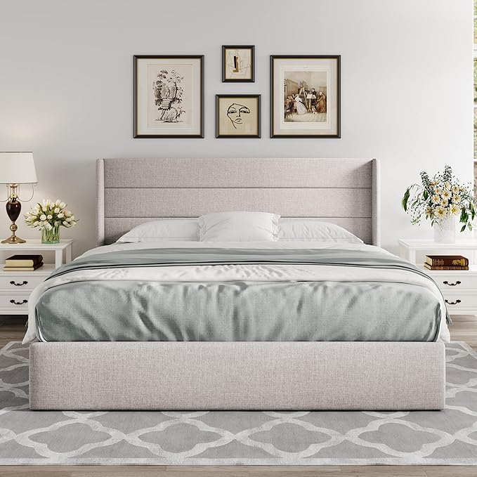 Allewie King Size Lift Up Storage Bed, Modern Wingback Headboard, Hydraulic Support, No Box Spring Needed, Light Beige-Ruum Studio Home