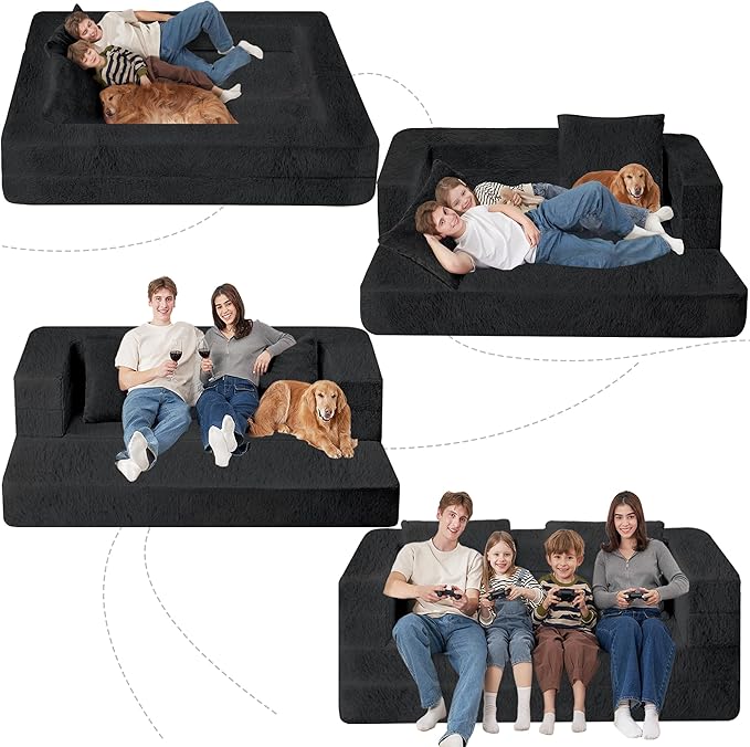 Folding Bean Bag Chair for Adults,3-in-1 Bean Bag Couch Faux Fur Floor Sofa Large Beanbag Convertible Bean Bag Sofa Bed with Pillow in Bedroom,Living Room,Apartment(Queen,Black)-Ruum Studio Home