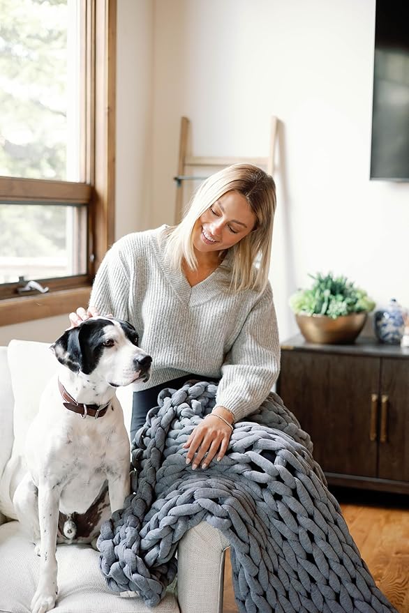 Nuzzie Chunky Knit Weighted Blanket - Breathable, Cooling, Hand Made Knit Throw Blanket for Sleep - Machine Washable, Stylish Decor Design (Misty Grey, Queen | 22lbs | 60"x80")-Ruum Studio Home