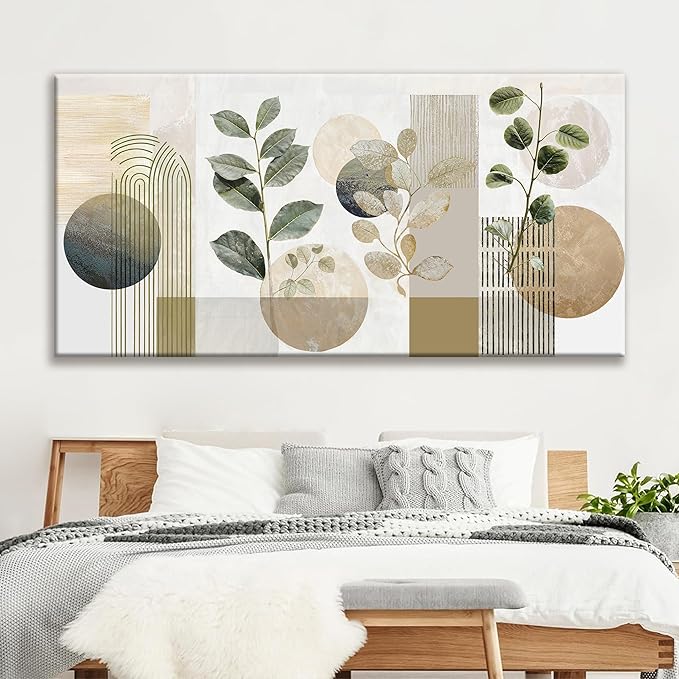 TAIJXAGSG Large Boho Green Wall Art For Living Room 29x58 In Green Botanical Boho Wall Art Modern Sage Bohemian Canvas Art Wall Decor Natural Abstract Geometry Lines Prints Picture Ready To Hang-Ruum Studio Home