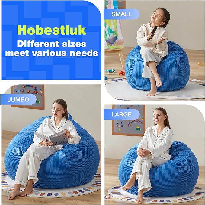 Hobestluk 4.5FT Bean Bag Chair Giant Bean Bag Chair with Filler Included Adult Bean Bag Chairs with Removable Cover for Bedroom Living Room (Jumbo, Blue)-Ruum Studio Home