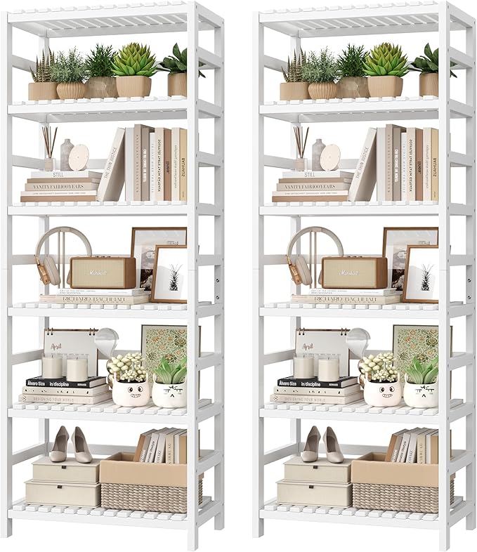 FOTOSOK 6-Tier Bamboo Shelf Set of 2, Bamboo Bookcase with Adjustable Shelves, Free Standing Storage Shelf Unit Plant Flower Stand, Tall Large White Bookshelf for Kitchen, Bathroom, Home Office, White-Ruum Studio Home