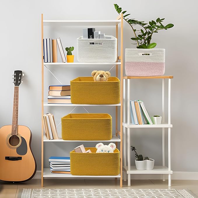 COMFY-HOMI Cotton Rope Woven Basket with Handles for Shelves,Toys,Book, Cloth Storage Baskets for Organizing-17" x 13" x 7.5" Toy Decorative Organizer for Living Room, Bathroom （Yellow）-Ruum Studio Home