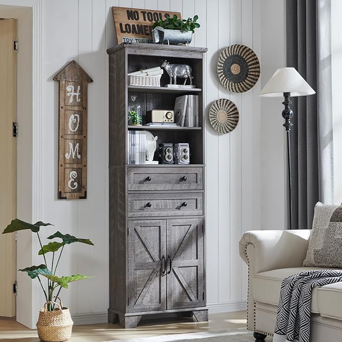 Bathroom Storage Cabinet, 72" Tall Farmhouse Storage Cabinet with 2 Drawers, Adjustable Shelves & Barn Door, Cabinet for Bathroom, Living Room, Kitchen, Grey Wash-Ruum Studio Home