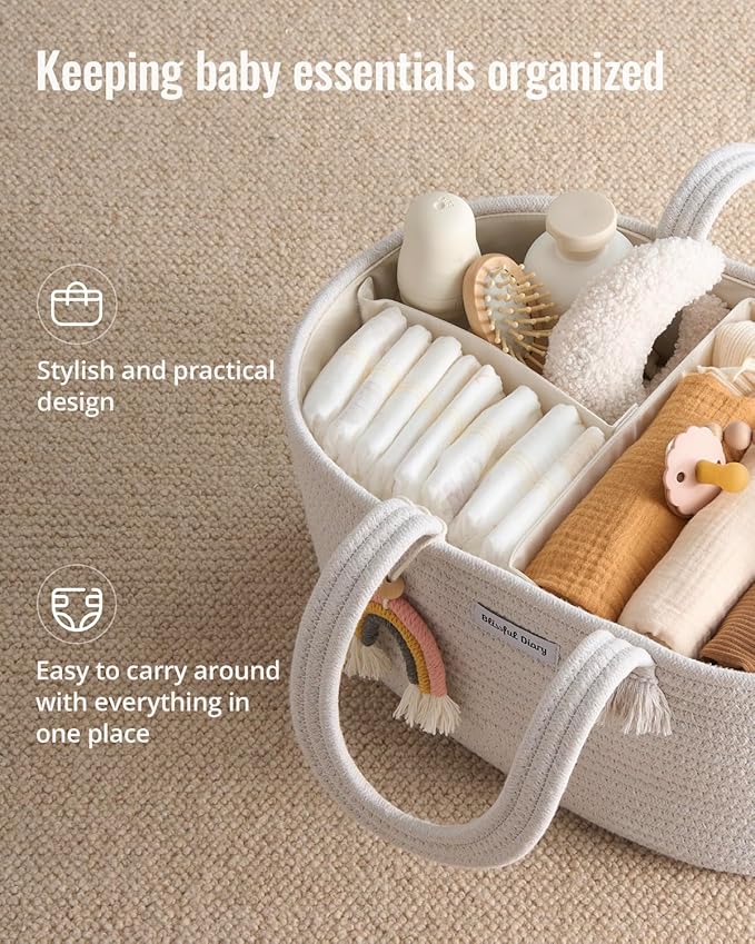 Blissful Diary Baby Diaper Caddy Organizer, Cotton Rope Diaper Caddy Basket, Oval Storage Basket, Gift for Baby Shower, Newborn Essentials, Beige-Ruum Studio Home