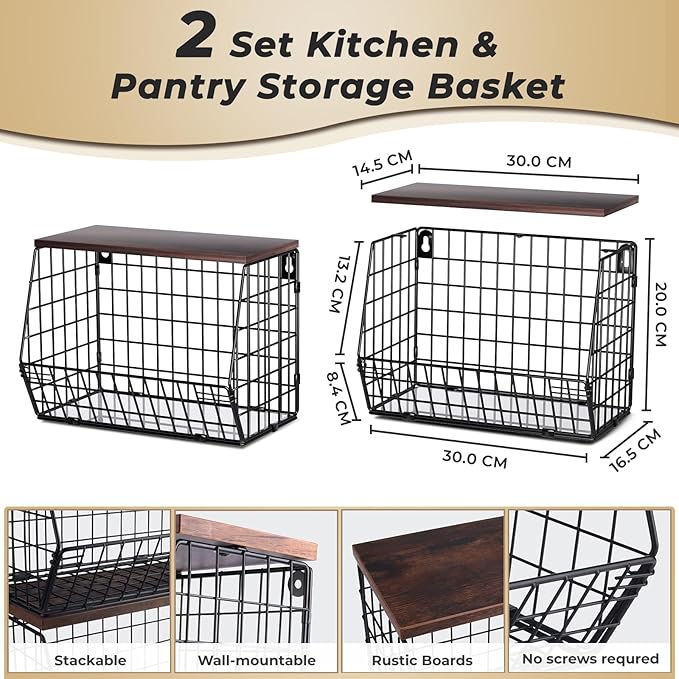 2pcs Fruit Basket Kitchen Storage Basket with Wood Lid, Stackable Wall Basket Fruit Basket for Kitchen, Countertop Organizer for Snack, Fruit and Veggie Storage, 11.8 x 7.9 x 8.5 Inch-Ruum Studio Home