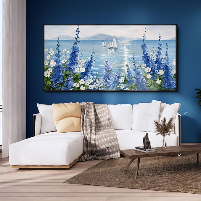 XLSJERST Large Sailboat Wall Art - Blue Canvas Abstract Painting Textured Picture Artwork Vintage Nautical Flower Painting Coastal Modern Print 29"x58" Frame for Living Room Bedroom Home Decoration-Ruum Studio Home