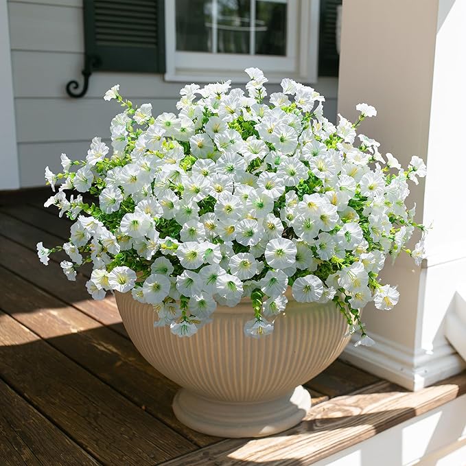 Artificial Flowers for Outdoors Fake Plants Outside Decoration, 12 Bundles Silk White Morning Glory UV Resistant Look Real Faux Flowers for Planter Front Door Porch Patio Yard Gardens Balcony-Ruum Studio Home