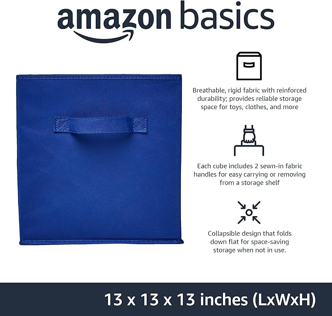 Amazon Basics Cube Organizer Storage Bins Handles, Collapsible Fabric, Pack of 6, 13"x13"x13", Navy-Ruum Studio Home