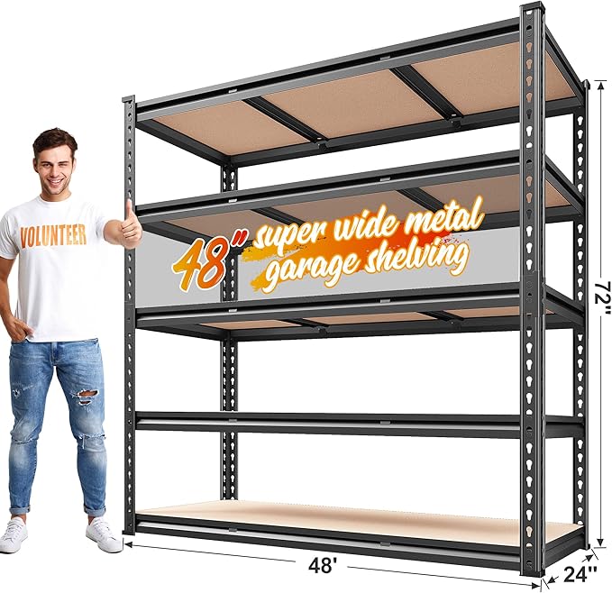 REIBII 48" W Garage Shelving Heavy Duty 3020LBS Storage Shelves 5 Tier Heavy Duty Shelving Adjustable Garage Shelves for Basement, Warehouse, Commercial, Easy Assemble, 48" W x 72" H x 24" D-Ruum Studio Home