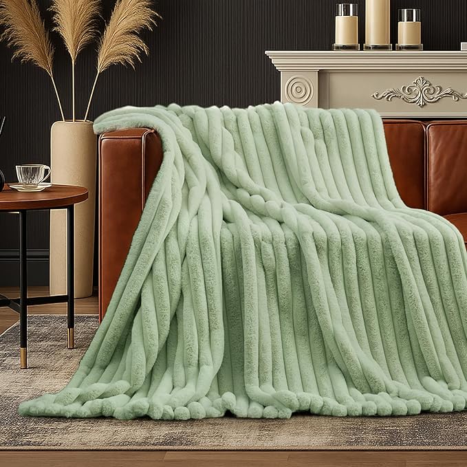 Amélie Home Faux Fur Throw Blanket for Couch, Cozy Fuzzy Fluffy Fur Luxurious Soft Striped Plush Gift Blankets for Family Sofa Chair Bed Living Room Bedroom, 55"x70", Sage Green-Ruum Studio Home