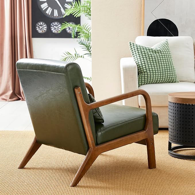 Glitzhome Mid Century Hunter Green Accent Armchair, Single Reading Armchair PU Leather Lounge Chair with Walnut Ruberwood Frame-Ruum Studio Home
