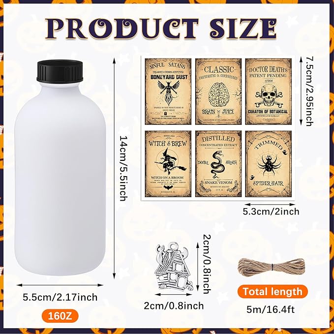 Uiifan 31 Pcs Halloween Potion Bottles Set Including Glass Apothecary Bottles with Cork Stickers and Pendants Halloween Decorations Indoor Party Supplies(White, Black,8.5 oz)-Ruum Studio Home