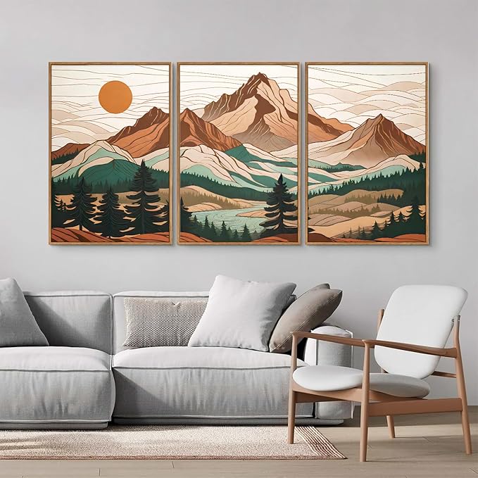 Tinonedraw Mountain Framed Canvas Wall Art Set of 3, Sunrise Forest Woodland Landscape Art Prints, Boho Coloful Ridge Scenery Wall Decor, Wood Pine Wilderness Art Paintings for Living Room Bedroom, Office 16"x24"-Ruum Studio Home