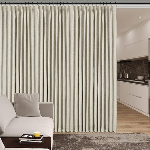 100" W x 84" L Faux Linen Room Divider Curtains, Full Blackout Pinch Pleated Drapes for Traverse Rod, Bedroom Divider Privacy Drapery with Hooks for Ceiling Track, 1 Panel, Ivory White-Ruum Studio Home