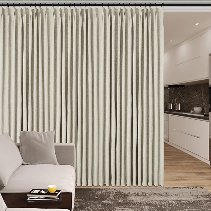 Extra Wide 100% Blackout Linen Textured Curtains - Room Dividers, W200 x L96 (1 Panel), Pinch Pleat Drapes for Living Room, Full Light Block Out Drapery for Sliding Door, Ivory White-Ruum Studio Home