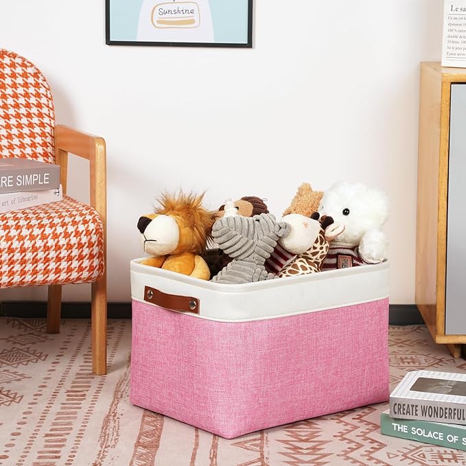 DULLEMELO Storage Baskets for Organizing, Shelves,Bedroom, Decorative Storage Bins with Faux Leather Handles, Fabric Storage Basket for Office, Toys(3-Pack, White&Pink)-Ruum Studio Home