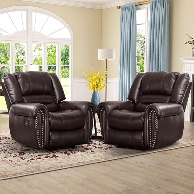 CANMOV Leather Recliner Chair Set of 2, Classic and Traditional Manual Recliner Chair with Comfortable Arms and Back,Manual Single Recliner Sofa for Living Room, Brown-Ruum Studio Home