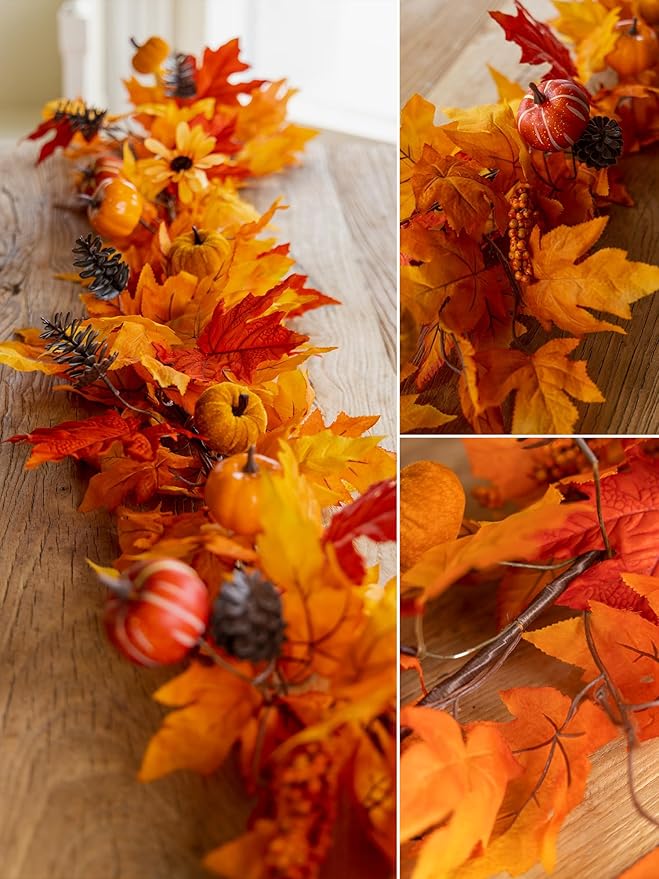 MISSPIN Fall Decor - Fall Garland - 6FT Autumn Maples Leaf Garland for Autumn Decor Hanging Vine for Halloween Thanksgiving Decor Home Wedding Fireplace Party Christmas(Orange)-Ruum Studio Home