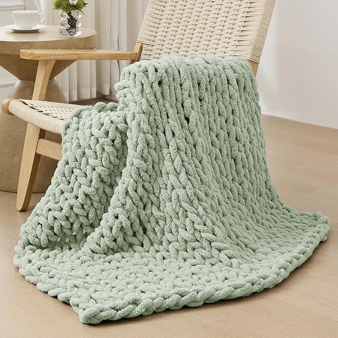 Bigacogo Chunky Knit Throw Blanket for Couch, 40x40 inches, 100% Hand Knitted with Thick Jumbo Chenille Yarn, Cozy Soft Large Rope Knot Cable Crochet Blankets for Sofa Bed Living Room, Sage Green-Ruum Studio Home