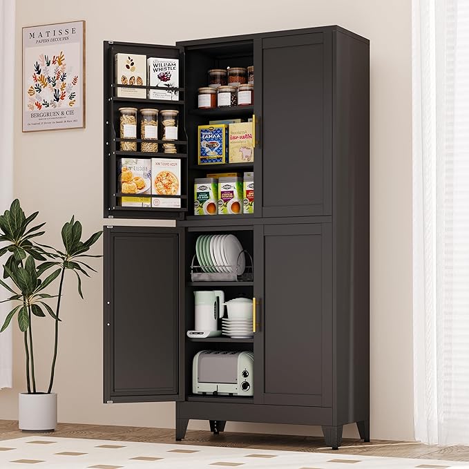 75" H Metal Storage Cabinet, Pantry with 6 Door Shelves and 4 Adjustable Shelves, Leveling Foot for Kitchen, Living Room and Dinning Room, Black-Ruum Studio Home