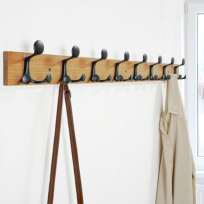 SKOLOO 43-Inch Light Brown Wood Coat Rack Wall Mount with 8 Triple Hooks - Ideal for Family Entrances, Classrooms, and Pet Supplies Storage - Perfect Coat Hooks for Wall-Ruum Studio Home
