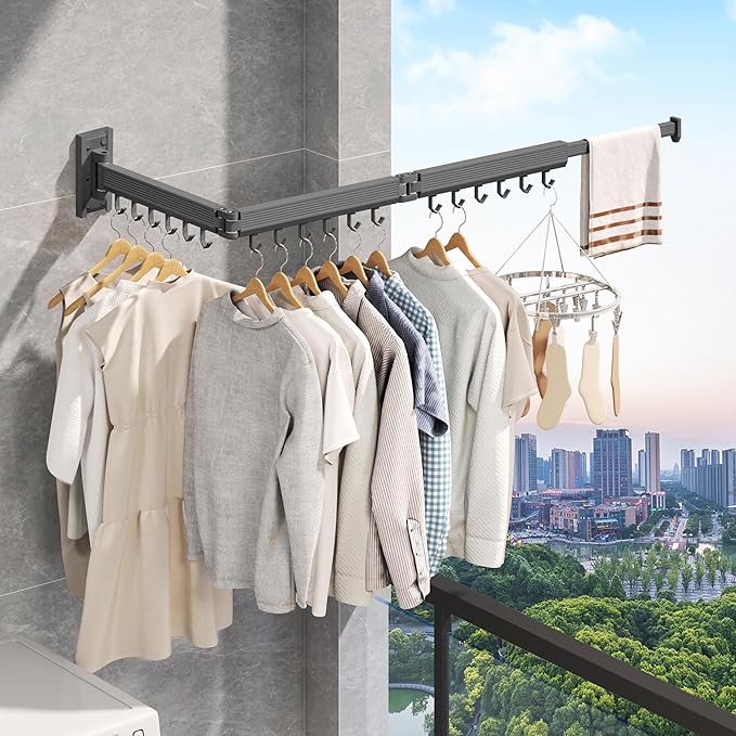 Laundry Drying Rack,Drying & Clothes Rack,Wall Mounted,Retractable & Collapsible, Grey-Ruum Studio Home