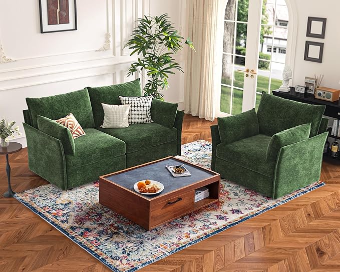 Luxury Modular Sectional Sofa, L-Shaped 3-Seat Couch with Storage Ottoman Deep Seat & Reversible Chaise Lounge Chenille Green for Compact Spaces, Apartments, Dorm-Ruum Studio Home